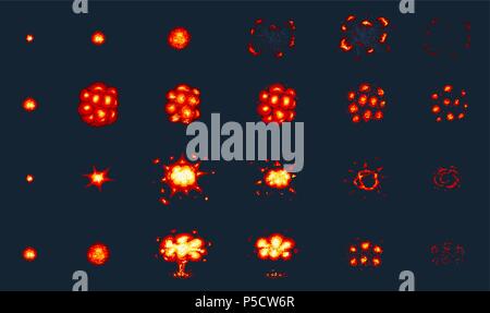 Pixel-art Explosionen. Spiel Symbole gesetzt. Comic boom Flamme Effekte für Emotion. 8-Bit-Vektor. Knall platzen Flash nukleare bubble Dynamit mit Rauch explodieren. Animation Frame. Prozessschritte, Video Feuer. Stock Vektor