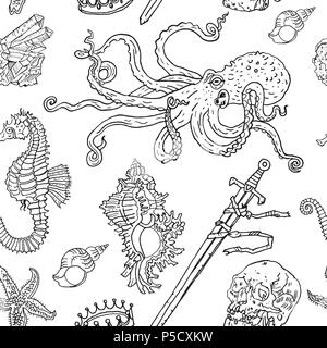 Nautische nahtlose Muster: Octopus, Shell, Seesterne, ertrunken, Schwert, Krone, Schädel, Kristall, Sea horse. Vintage tattoo Gravur stil Abbildung gezeichnet. Unterwasser, Fantasy, Boho, Kinder, Färbung. Stock Vektor