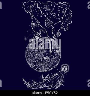 Howling Wolf, sitzend auf dem Mond atmet neue Galaxie. Platz, fliegenden Kometen. Handgezeichneten Vector Illustration. Line Art, Skizze, Entwurf, Vintage, fantasy Design. Weiß auf einem violetten Hintergrund. Stock Vektor