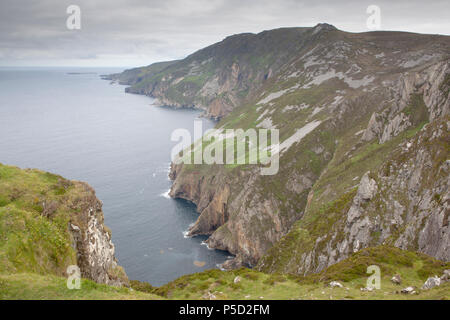 Slieve League Berg hat einige der höchsten Klippen Irlands bei 609 m. Sie fallen in den Atlantischen Ozean an der Küste von Donegal Stockfoto