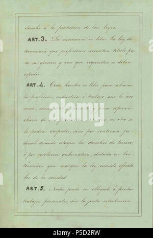 N/A. Español: Pagina original de los ARTICULOS 3, 4 y 5 de Constitución Federal de Los Estados Unidos Mexicanos de 1857 Englisch: Original Seite der Artikel 3, 4 und 5 der Bundesverfassung der Vereinigten Mexikanischen Staaten von 1857. 1857 (Constitucion). Hpav 7 141 Articulos 3, 4 y 5 Constitucion de 1857 Stockfoto