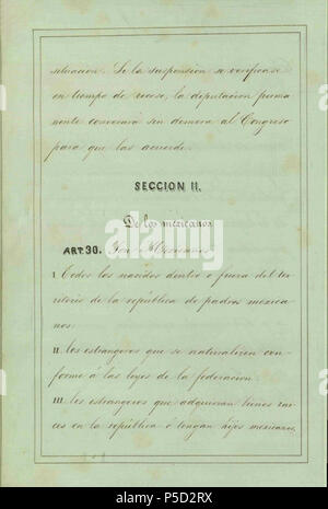 N/A. Español: Pagina original del Articulo 30 de la Constitución Federal de Los Estados Unidos Mexicanos de 1857 Englisch: Original Seite der Artikel 30 der Bundesverfassung der Vereinigten Mexikanischen Staaten von 1857. 1857 (Constitucion). Hpav 7 141 Articulo 30 Constitucion de 1857 Stockfoto