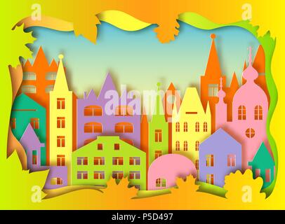 Farbenfrohes Gebäude der großen Stadt. Vector Illustration. Paper Art Stil Stock Vektor