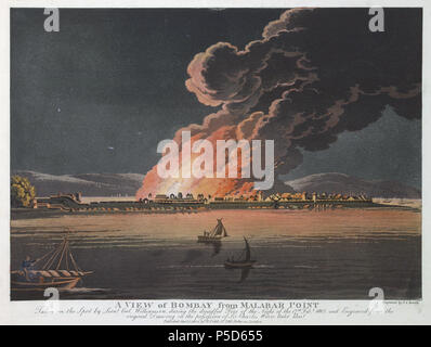 N/A. Englisch: Eine Ansicht von Bombay auf Feuer auf Februar 17th, 1803, von R. Cribb 1804 veröffentlicht und Teil von König George III. Topographische Sammlung. Bombay (heute Mumbai, der Hauptstadt von Maharashtra), war zu dieser Zeit das Hauptquartier der East India Company in Indiens Westküste aus dem Arabischen Meer und hatte als Zentrum für den aufblühenden Handel mit Baumwolle angebaut. Viel von der Siedlung, die sich rund um das alte Fort zentriert wurde, wurde in dem großen Brand von 1803 zerstört. Obwohl der Brand war katastrophal, es aufgefordert, die Briten eine neue Stadt mit breiten Straßen und bessere Nutzung des Weltraums zu planen. Die engra Stockfoto
