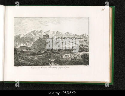 Drucke und Zeichnungen. Gryers im Kanton Freyburg, gegen Osten; Cent Suisses Vues remarquables par leur Situation ou par des vollendeten historiques; [recto en Bas à Gauche]: E.Curty del. ad Nat. [En Bas à Droite]: J.H. Meyer [en Bas au Milieu]: Gryers im Kanton Freyburg, gegen Osten.[recto en Haut à droite à la Plume]: 46; Greyerz, Vue d'ensemble du nord-Ouest. Château de Gruyères; paysan. Vor 1817. Curty, Emanuel [peintre/dessinateur] Meyer, Johann Heinrich [Graveur] 303 CH-NB-Gryers im Kanton Freyburg, gegen Osten - Sammlung Gugelmann-GS-GUGE -29-101 Stockfoto