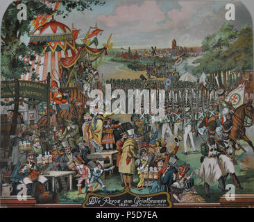 N/A. Deutsch: Das Bild zeigt 'Die Revue aus bin Grinkbrunnen" dem Jahr 1830. Es handelt sich um einen Ausschnitt aus dem Werk 'Die Revue bin Grinkbrunnen'. Gemeint ist vermutlich der Grindbrunnen am heutigen Westhafen. Das Bild zeigt ein Volksfest und eine Militärparade aus dem Jahr 1820 vor dem Hintergrund der Stadt Frankfurt am Main. 5. Juni 2012. Unbekannt 453 sterben Revue bin Grinkbrunnen Stockfoto