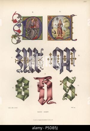 Initialen von illuminierten Handschriften des frühen 15. Jahrhunderts, von Bibliotheken in Paris, Heidelberg und München. Von Hefner-Alteneck Chromolithograph's 'Kostüme, Kunstwerke und Geräte aus dem frühen Mittelalter bis zum Ende des 18. Jahrhunderts", Frankfurt, 1883. IIlustration von Hefner-Alteneck, Lithographiert von W gezeichnet, und von Heinrich Keller veröffentlicht. Dr. Jakob Heinrich von Hefner-Alteneck (1811-1903) war ein deutscher Archäologe, Kunsthistoriker und Illustrator. Er war Direktor des Bayerischen Nationalmuseums von 1868 bis 1886. Stockfoto