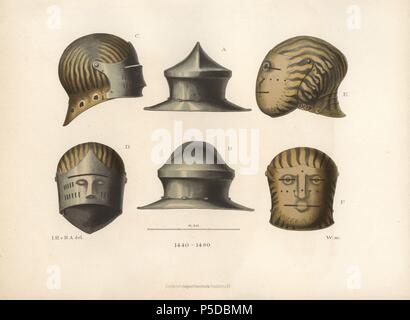 Drei Helme aus dem späten 15. Jahrhundert. Ein Wasserkocher hat in der Mitte eine Schaller mit Visier auf der linken und einem visored Helm mit Flammen auf der rechten Seite eingerichtet. Von Hefner-Alteneck Chromolithograph's 'Kostüme, Kunstwerke und Geräte aus dem frühen Mittelalter bis zum Ende des 18. Jahrhunderts", Frankfurt, 1883. IIlustration gezeichnet von Hefner-Alteneck, Lithographiert von C. Regnier, und von Heinrich Keller veröffentlicht. Dr. Jakob Heinrich von Hefner-Alteneck (1811-1903) war ein deutscher Archäologe, Kunsthistoriker und Illustrator. Er war Direktor des Bayerischen Nationalmuseums von 1868 bis 1886. Stockfoto