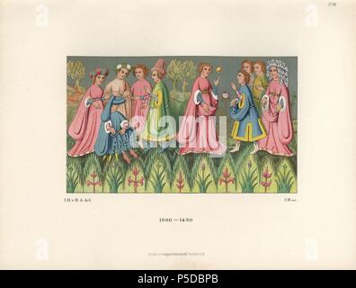 Teppich aus dem frühen 15. Jahrhundert, die Männer und Frauen spielen in einem Garten. Von Hefner-Alteneck Chromolithograph's 'Kostüme, Kunstwerke und Geräte aus dem frühen Mittelalter bis zum Ende des 18. Jahrhunderts", Frankfurt, 1883. IIlustration von Hefner-Alteneck, lithographierte durch CR gezeichnet, und von Heinrich Keller veröffentlicht. Dr. Jakob Heinrich von Hefner-Alteneck (1811-1903) war ein deutscher Archäologe, Kunsthistoriker und Illustrator. Er war Direktor des Bayerischen Nationalmuseums von 1868 bis 1886. Stockfoto