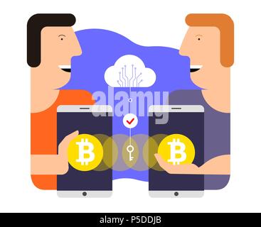 Bitcoin Austausch und Transfer. Cryptocurrency Technologie Konzept Abbildung Stock Vektor