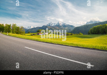 Panoramablick auf leere Landstraße durch die wunderschönen alpinen Landschaft mit frischen grünen Wiesen voller blühender Blumen im Frühling führenden Stockfoto