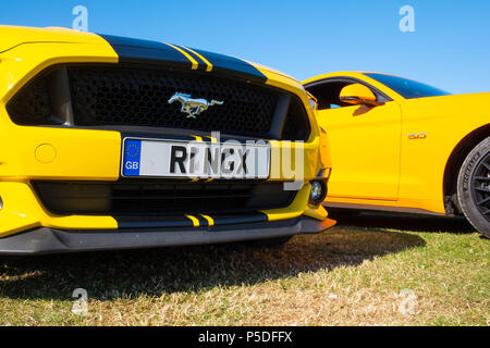 2 cool schnelle Autos, 2 Europäischen rechten Antrieb Ford Mustang 5 Liter V8 GT Fastback Auto Autos Stockfoto