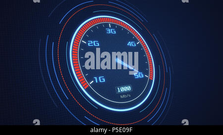 Futuristische Tachometer mit dem Zeiger auf 5G-Technologie, Konzept der schnelle mobile Network (3D-Render) Stockfoto