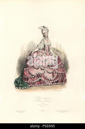 Dame der Ehre zu Marie Antoinette, 1777. Papierkörbe Stahlstich von polidor Pauquet nach Moreau die Jüngere von 'MOden der Pauquet Brüder et Kostüme Historiques" (Historische Moden und Kostüme), Paris, 1865. Hippolyte (b. 1797) und Polydor Pauquet (b. 1799) lief eine erfolgreiche Verlag in Paris im 19. Jahrhundert, spezialisiert auf illustrierte Bücher über Kostüm, Vögel, Schmetterlinge, Anatomie und Naturgeschichte. Stockfoto