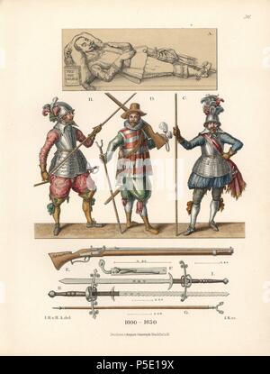 Militärische Ausrüstung und Waffen aus dem 17. Jahrhundert. Lancers und arquebusier in die Mitte und Chromolithograph von Hefner-Alteneck's 'Kostüme, Kunstwerke und Geräte vom Mittelalter bis in das 17. Jahrhundert", Frankfurt, 1889. Illustration von Dr. Jakob Heinrich von Hefner-Alteneck, Lithographiert von Joh. Klipphahn und von Heinrich Keller veröffentlicht. Dr. Hefner-Alteneck (1811 - 1903) war ein deutscher Kurator, Archäologe, Kunsthistoriker, Zeichner und Kupferstecher. Stockfoto