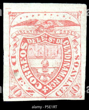 N/A. Englisch: kolumbianische Staat von Cundinamarca 1877, 10 Centavos rot, Minze, horizontal Bütten. Klaseboer Katalog Anzeige ***, sehr ungewöhnlich. Katalog: Sc. 3a. 1877. Kolumbianische Regierung 394 Cundinamarca 1877 Sc3a Stockfoto