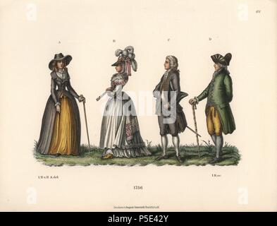 Für Männer und Frauen Mode aus 1786. Frau in redingote, und die Frau in der englischen Mode trägt einen Schal. Mann im Anzug mit Schwert, und ein junger Mann, der in 'neglige." Chromolithograph von Hefner-Alteneck's 'Kostüme, Kunstwerke und Geräte vom Mittelalter bis in das 18. Jahrhundert", Frankfurt, 1889. Illustration von Dr. Jakob Heinrich von Hefner-Alteneck, Lithographiert von Joh. Klipphahn, und von Heinrich Keller veröffentlicht. Dr. Hefner-Alteneck (1811 - 1903) war eine Deutsche, die die Kuratorin des Museums, Archäologe, Kunsthistoriker, Zeichner und Kupferstecher. Stockfoto
