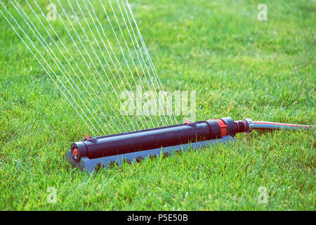 Rasen Sprinklerschutz in Aktion, die Bewässerung Gras. Die Bewässerung des Gartens rasen. Selektiver Fokus und Vintage Style. Stockfoto