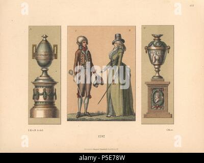 Mode von 1792. Ein elegantes Pariser Mann in der neuesten Stil und eine junge Deutsche in Kapstadt und der Motorhaube. Zwei antike Vasen. Von Hefner-Alteneck Chromolithograph's 'Kostüme, Kunstwerke und Geräte vom Mittelalter bis in das 18. Jahrhundert", Frankfurt, 1889. Illustration von Dr. Jakob Heinrich von Hefner-Alteneck, Lithographiert von Joh. Klipphahn, und von Heinrich Keller veröffentlicht. Dr. Hefner-Alteneck (1811 - 1903) war eine Deutsche, die die Kuratorin des Museums, Archäologe, Kunsthistoriker, Zeichner und Kupferstecher. Stockfoto