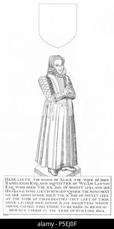 N/A. Englisch: 1602 monumentale Messing von Alice Lanyon (d. 1591), Ehefrau von John rashleigh (d. 1582) von Menabilly und Mutter des Johannes Rashleigh (d. 1624); Kirche Fowey, Cornwall. In einem Stein in das Kirchenschiff von Fowey Kirche eingebettet. Über ihrem Kopf ist eine Vertiefung für ein jetzt verloren Messing heraldischen Wappenschild, und unter ihren Füßen ist ein Schild mit der Aufschrift: (Dunkin, S. 55) 'Hier lauert die bodie von Alice die Frau von John rashleigh Esq. und Tochter von "Lanyon Esq., starb der 20. Tag des Monats August 1591 und ihr Mann, der unten liegt das Denkmal neare adjoyninge begraben gestorben der x-ten Tag Der Aug. Stockfoto