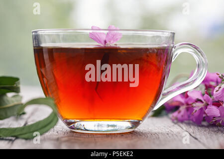 Traditionelle russische Kräutertee trinken Ivan - Tee in eine transparente Schale close-up auf einem Holztisch. Wirkt sich positiv auf den menschlichen Körper Stockfoto