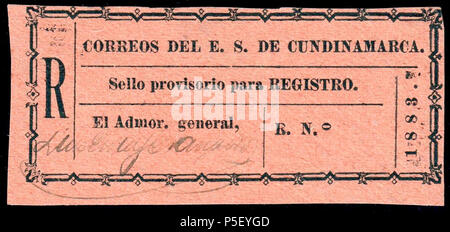 N/A. Englisch: kolumbianische Staat von Cundinamarca 1883 Registrierung Stempel, schwarz auf orange, ungenutzt. Katalog: Sc. F1. 1883. Kolumbianische Regierung 394 Cundinamarca 1883 ScF 1. Stockfoto