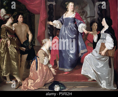 N/A. Nederlands: Uit het Bronnenboekje bij het Examen Havo 2011 (Tijdvak 1) komt de 73 toelichting: Tussen 1648 en 1651 schildert Abraham Lambertsz. van den Tempe in opdracht van het stadsbestuur van Leiden een Grote drietal schilderwerken met allegorische voorstellingen voor de nieuwe Lakenhal. In dit schilderij uit 1651 ist het Thema 'de Nering' (hier: de Leidse lakennijverheid). Van links naar rechts stellen de Figuren op de voorgrond voor: Minerva (godin van de Wijsheid) en Mercurius (Gott van de Händel), De Vrede (knielend), De stedenmaagd Leiden, de Sounds. . 1. Januar 1651. Abra Stockfoto