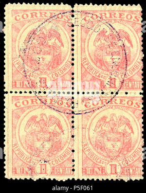N/A. Englisch: Kolumbien 1899 1 c, Rot auf Gelb, verwendet Block von vier. Poststempel von Bogotá. Katalog: Sc. 162. 1899. Kolumbianische Regierung 367 Kolumbien 1899 Sc 162 B4 Stockfoto