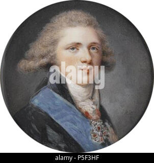 N/A. .. . . . . 1790 -. Los 117: Augustin Ritt, 1765-1799 Portrait von Großfürst Alexander Pawlowitsch, danach Alexander I., Kaiser von ganz Rußland (1777-1825) wichtige Figuren aus einer privaten Sammlung von Sotheby's April 16, 2008 in London, Vereinigtes Königreich Beschreibung: trägt einen dunklen Mantel und weißer Krawatte, mit der Schärpe des Ordens von St. Andrew und das Abzeichen des Ordens des Hl. Alexander-Nevsky, Silber-vergoldeten Rahmen Set mit Zuchtperlen und Granate l unterzeichnet. r.: Ritt., ca. 1793 Anmerkungen: In einer Liste von seiner Arbeit Augustin Ritt notiert, dass er zwei Porträts des Großfürsten Alexander lackiert Stockfoto