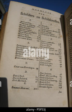 N/A. Englisch: Kopieren von Arnold Houbraken Schouburg's ab 1719 (veröffentlichte und vom Autor erhältlich) Nederlands: Naamlyst der Schilders en Schilderessen. Bisschop, (Abraham) de jongste. 222 Pardanus (A.) 145 Staphortius (Abraham). 344 Dyk (Abraham van). 345 Meulen (Antoine Francois Vander). 329 Pynaker (Adam). 96 Kabel (Ary van der). 235 Verdoel (adriaan). 57 Waas (Aart van). 91 ADriaansen (Alexander) 144 Couper (Joan). 87 Withoos (Alida). 188 Everdingen (Aldert van). 95 Vaillant (Andreas). 102 Beide (Andries). 114 Fischer (Anna Katrina). 259 Goebouw (Antonius). 142 Waterloo (Antoni). 51 Wolfart (Ar Stockfoto