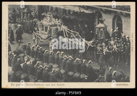 N/A. Englisch: Beschreibung De Gouden koets vertrekt Van Het Paleis tijdens Het huwelijk van Koningin Wilhelmina de Prins Hendrik Uitgave N.J. Boon, Amsterdam Documenttype prentbriefkaart Vervaardiger Boon, N.J. (Uitgever) Collectie Collectie Stadsarchief Amsterdam: prentbriefkaarten Datering 1901 Ca. Geografische naam Damm Inventarissen Http://archief.amsterdam/archief/10137/884 Afbeeldingsbestand PBKD 00387000030. ca. 1900. Uitgave N.J. Boon, Amsterdam 420 De Gouden koets vertrekt Van Het Paleis tijdens Het huwelijk van Koningin Wilhelmina de Prins Hendrik Stockfoto
