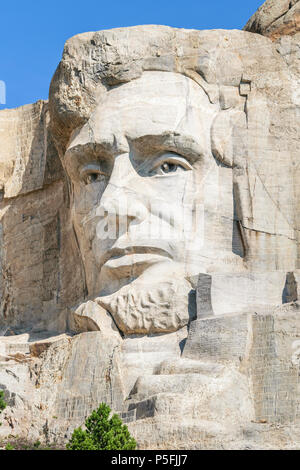 Nahaufnahme von Abraham Lincoln. Presidential Skulptur am Mount Rushmore National Monument, South Dakota, USA. Stockfoto