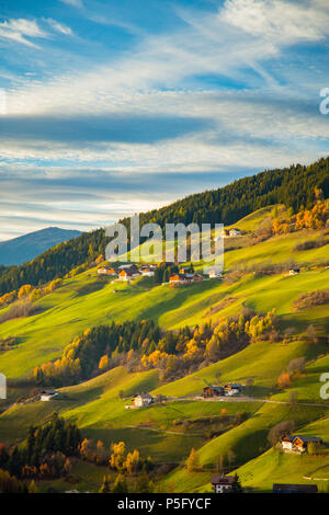 Wunderschöne Aussicht auf idyllischen Berglandschaft mit grünen Wiesen in den Dolomiten im schönen goldenen Abendlicht bei Sonnenuntergang, Val di Funes, Südtirol, Stockfoto