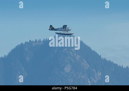 Vintage Harbour Air Wasserflugzeuge de Havilland Canada DHC-2 Beaver Wasserflugzeug fliegen in der kanadischen Wildnis in British Columbia, Kanada. Stockfoto