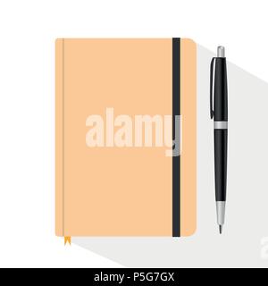 Ansicht von oben Schreibtisch von Spiral Notizbuch und Stift isoliert auf weißem Hintergrund, flache Design Vector Illustration. Stock Vektor