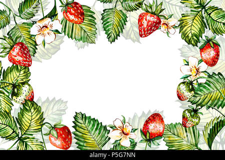 Aquarell floral background mit Erdbeeren. Sommer Karte mit kopieren. Rahmen mit Aquarell Erdbeeren. Hand gemalten Hintergrund Stockfoto