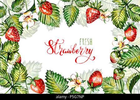 Aquarell floral background mit Erdbeeren. Sommer Card. Rahmen mit Aquarell Erdbeeren. Hand gemalten Hintergrund Stockfoto