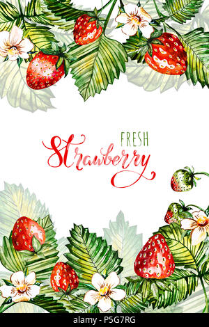 Aquarell floral background mit Erdbeeren. Sommer Card. Rahmen mit Aquarell Erdbeeren. Hand gemalten Hintergrund Stockfoto
