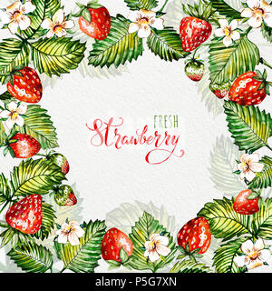 Aquarell floral background mit Erdbeeren. Sommer Card. Rahmen mit Aquarell Erdbeeren. Hand gemalten Hintergrund Stockfoto