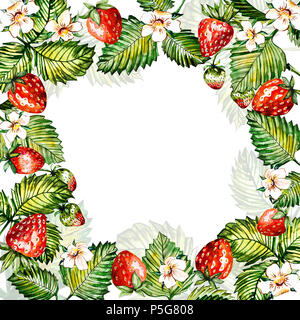 Aquarell floral background mit Erdbeeren. Sommer Karte mit kopieren. Rahmen mit Aquarell Erdbeeren. Hand gemalten Hintergrund Stockfoto