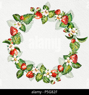 Aquarell floral background mit Erdbeeren. Sommer Karte mit kopieren. Rahmen mit Aquarell Erdbeeren. Hand gemalten Hintergrund Stockfoto