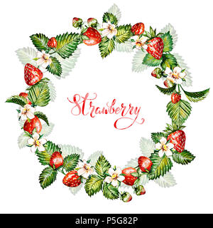 Aquarell floral background mit Erdbeeren. Sommer Card. Rahmen mit Aquarell Erdbeeren. Hand gemalten Hintergrund Stockfoto