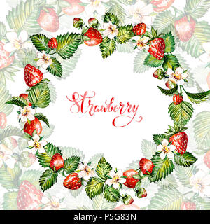 Aquarell floral background mit Erdbeeren. Sommer Card. Rahmen mit Aquarell Erdbeeren. Hand gemalten Hintergrund Stockfoto