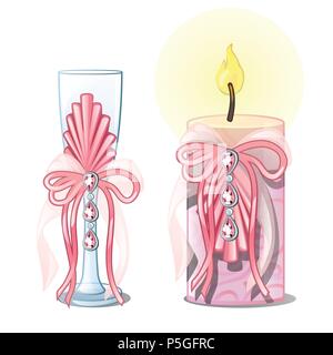 Hochzeit brennende Kerze rosa Farbe und Weinglas auf weißem Hintergrund. Skizze für Grußkarten, festliche Poster oder Einladungen. Prunkvolle Hochzeit Attribute. Vector Illustration. Stock Vektor