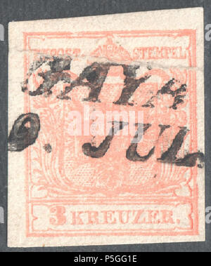 N/A. Englisch: Österreichische KK Stempel, 3 Kr Ausgabe 1854, Ferchenbauer Typ IIIa, Maschine Papier (0,12 mm), Rose, an GAYA jetzt abgebrochen Kyjov (Hodonín Bezirk) in der Tschechischen Republik. Stempel von der rechten Seite des Blattes, siehe Rahmen Zeile rechts, 770/A 86-6. 1854. Post des österreichischen Kaiserreiches 153 Österreich 1854 IIIa GAYA Stockfoto