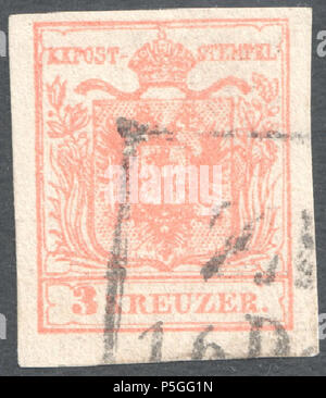 N/A. Englisch: Österreichische KK Stempel, 3 Kr Ausgabe 1854, Ferchenbauer Typ IIIa, Maschine Papier (0,12 mm), Rose, abgebrochen. 1854. Post des österreichischen Kaiserreiches 153 Österreich 1854 IIIa "Abbrechen Stockfoto