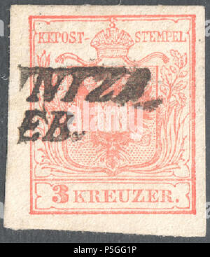 N/A. Englisch: Österreichische KK Stempel, 3 Kr Ausgabe 1854, Ferchenbauer Typ IIIa, Maschine Papier, Rose, KOSTAINIZA/FEB abgebrochen. (Hrvatska Kostajnica) an die Kroatische militärische Grenze. Mueller Typ IL-I (1349 a, 8 Punkte). 1854. Post des österreichischen Kaiserreiches 153 Österreich 1854 IIIa NTZL Stockfoto