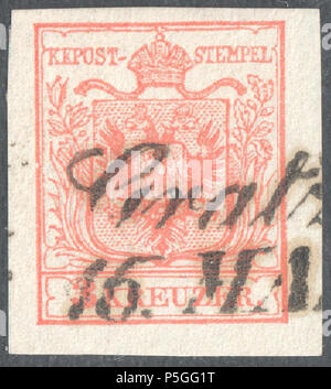 N/A. Englisch: Österreichische KK Stempel, 3 Kr der Ausgabe 1854, Ferchenbauer Typ IIIa, Maschine Papier, Rose, bei GRATZ abgebrochen, jetzt Graz. Müller poststempel: 843 b Typ sL-I (2). 1854. Post des österreichischen Kaiserreiches 153 Österreich 1854 IIIa GRATZ Stockfoto