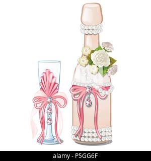 Flasche Sekt und Weinglas in der Hochzeit Stil mit Blumen, Perlen, Bänder und Anhänger eingerichtet. Skizze für Grußkarten, festliche Poster oder Einladungen. Hochzeit Attribute. Vektor. Stock Vektor