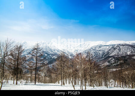 Hakuba Ridge im Frühjahr. Berühmt ist der Austragungsort für die Olympischen Winterspiele in Nagano. Dieser Bereich ist sehr beliebt als Skigebiet für Ausländer. Vor allem, Stockfoto